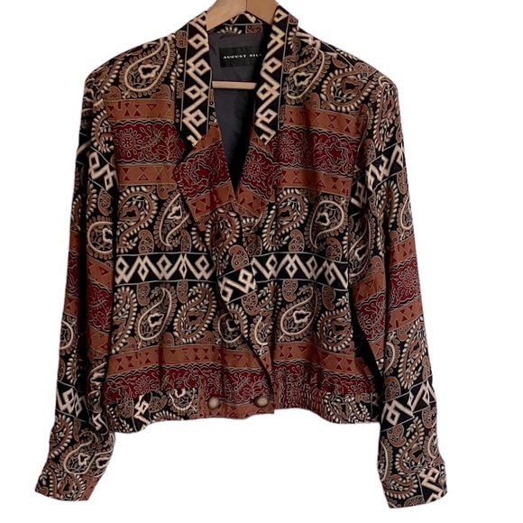 Vintage August Silk Brown Mixed Pattern Bomber Look Jacket - Picture 1 of 7